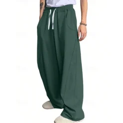 Men's Athletic Pants Wide Leg Sweatpants Trousers Drawstring Elastic Waist Plain Comfort Breathable Casual Daily Holiday Sports Fashion Dark Brown Black