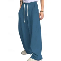 Men's Athletic Pants Wide Leg Sweatpants Trousers Drawstring Elastic Waist Plain Comfort Breathable Casual Daily Holiday Sports Fashion Dark Brown Black