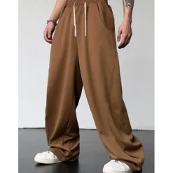 Men's Athletic Pants Wide Leg Sweatpants Trousers Drawstring Elastic Waist Plain Comfort Breathable Casual Daily Holiday Sports Fashion Dark Brown Black