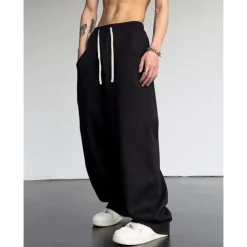 Men's Athletic Pants Wide Leg Sweatpants Trousers Drawstring Elastic Waist Plain Comfort Breathable Casual Daily Holiday Sports Fashion Dark Brown Black