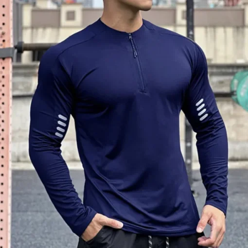 Men's Athletic Shirt Gym Shirt Fitness Shirt Padded Compression Shirt Quarter Zip Long Sleeve Jersey Casual Athleisure Fall Spandex Breathable Quick Dry Soft Gym Workout Running Walking Sportswear