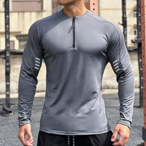 Men's Athletic Shirt Gym Shirt Fitness Shirt Padded Compression Shirt Quarter Zip Long Sleeve Jersey Casual Athleisure Fall Spandex Breathable Quick Dry Soft Gym Workout Running Walking Sportswear