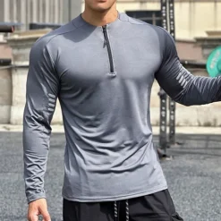 Men's Athletic Shirt Gym Shirt Fitness Shirt Padded Compression Shirt Quarter Zip Long Sleeve Jersey Casual Athleisure Fall Spandex Breathable Quick Dry Soft Gym Workout Running Walking Sportswear
