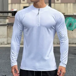 Men's Athletic Shirt Gym Shirt Fitness Shirt Padded Compression Shirt Quarter Zip Long Sleeve Jersey Casual Athleisure Fall Spandex Breathable Quick Dry Soft Gym Workout Running Walking Sportswear