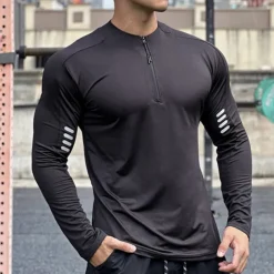 Men's Athletic Shirt Gym Shirt Fitness Shirt Padded Compression Shirt Quarter Zip Long Sleeve Jersey Casual Athleisure Fall Spandex Breathable Quick Dry Soft Gym Workout Running Walking Sportswear