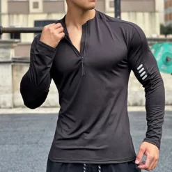 Men's Athletic Shirt Gym Shirt Fitness Shirt Padded Compression Shirt Quarter Zip Long Sleeve Jersey Casual Athleisure Fall Spandex Breathable Quick Dry Soft Gym Workout Running Walking Sportswear