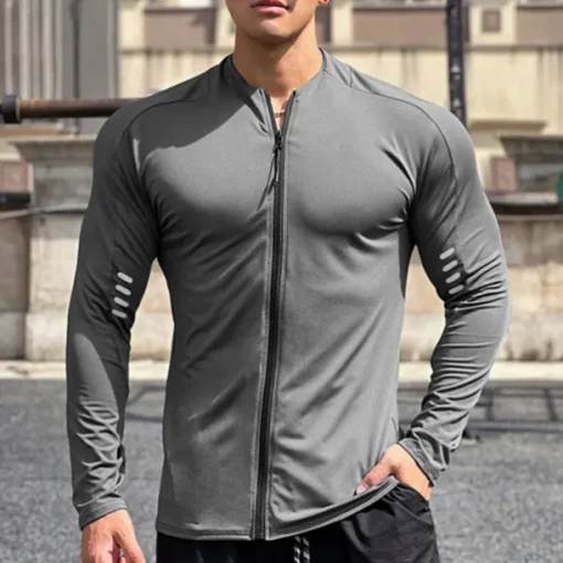 Men's Athletic Shirt Gym Shirt Fitness Shirt Padded Compression Shirt Full Zip Long Sleeve Jersey Casual Athleisure Fall Breathable Quick Dry Soft Gym Workout Running Walking Sportswear Activewear