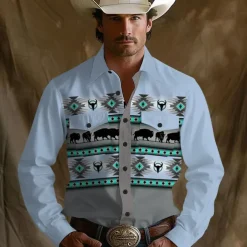 Men's Aztec Ethic / African Western Shirt Button Up Shirt Cowboy Shirt Long Sleeve Vintage Retro Outdoor Camping & Hiking Spring Fall Turndown 3D Print Front Two Pockets Linen Like Shirt Blue Khaki