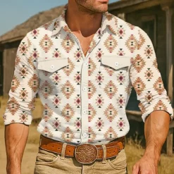 Men's Aztec Ethnic Western Shirt Button Up Shirt Cowboy Shirt Long Sleeve Vintage Retro Outdoor Holiday Summer Spring Fall Turndown Collared Shirts Front Two Pockets Blue Green Apricot