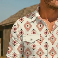 Men's Aztec Ethnic Western Shirt Button Up Shirt Cowboy Shirt Long Sleeve Vintage Retro Outdoor Holiday Summer Spring Fall Turndown Collared Shirts Front Two Pockets Blue Green Apricot