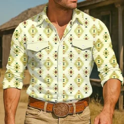 Men's Aztec Ethnic Western Shirt Button Up Shirt Cowboy Shirt Long Sleeve Vintage Retro Outdoor Holiday Summer Spring Fall Turndown Collared Shirts Front Two Pockets Blue Green Apricot