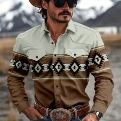Men's Aztec Indian Culture Shirt Western Shirt Cowboy Shirt Long Sleeve Vintage Western Style Tribal Outdoor Daily WorkWear Fall & Winter Turndown 3D Print Front Two Pockets Button Up Shirts Red Brown