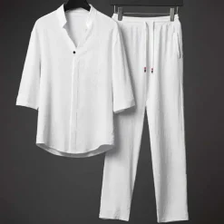 Men's Band Collar Shirt 2 Piece Shirt Set Summer Set Matching Sets Beach Wear Black White Gray Half Sleeve Solid Colored Collar Outdoor Street Drawstring Clothing Apparel Polyester Comfortable Loose