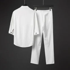 Men's Band Collar Shirt 2 Piece Shirt Set Summer Set Matching Sets Beach Wear Black White Gray Half Sleeve Solid Colored Collar Outdoor Street Drawstring Clothing Apparel Polyester Comfortable Loose