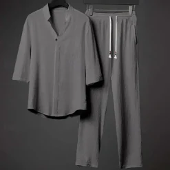 Men's Band Collar Shirt 2 Piece Shirt Set Summer Set Matching Sets Beach Wear Black White Gray Half Sleeve Solid Colored Collar Outdoor Street Drawstring Clothing Apparel Polyester Comfortable Loose