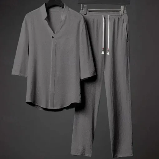 Men's Band Collar Shirt 2 Piece Shirt Set Summer Set Matching Sets Beach Wear Black White Gray Half Sleeve Solid Colored Collar Outdoor Street Drawstring Clothing Apparel Polyester Comfortable Loose