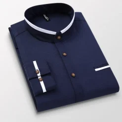 Men's Band Collar Shirt Dress Shirt Oxford Shirt Solid / Plain Color Wedding White Blue Gray Light Blue Long Sleeve Standing Collar Spring & Fall Clothing Apparel