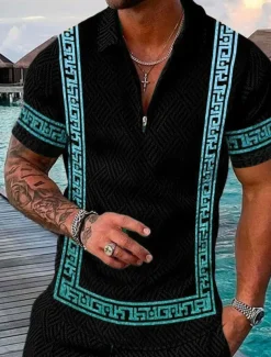 Men's Baroque Zip Polo Shirts Golf Shirt Short Sleeve Polo Shirts Collared Shirts Vintage Casual Vacation Wear Party Outfits 3D Print Quarter Zip Polo Yellow Blue Purple