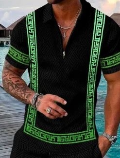 Men's Baroque Zip Polo Shirts Golf Shirt Short Sleeve Polo Shirts Collared Shirts Vintage Casual Vacation Wear Party Outfits 3D Print Quarter Zip Polo Yellow Blue Purple