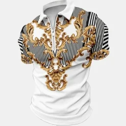 Men's Baroque Zip Polo Shirts Golf Shirt Short Sleeve Polo Shirts Collared Shirts Vintage Casual Vacation Wear Party Outfits 3D Print Quarter Zip Polo Black White Yellow