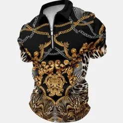 Men's Baroque Zip Polo Shirts Golf Shirt Short Sleeve Polo Shirts Collared Shirts Vintage Casual Vacation Wear Party Outfits 3D Print Quarter Zip Polo Black White Yellow