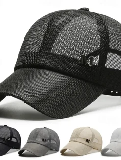 Men's Baseball Cap Sun Hat Trucker Hat Black Navy Blue Polyester Mesh Fashion Casual Street Daily Plain Adjustable Sunscreen Breathable