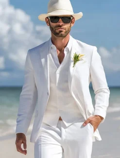 Men's Beach Wedding Fall Wedding Suits White Casual Formal Solid Colored Standard Fit 3 Piece Single Breasted One-button