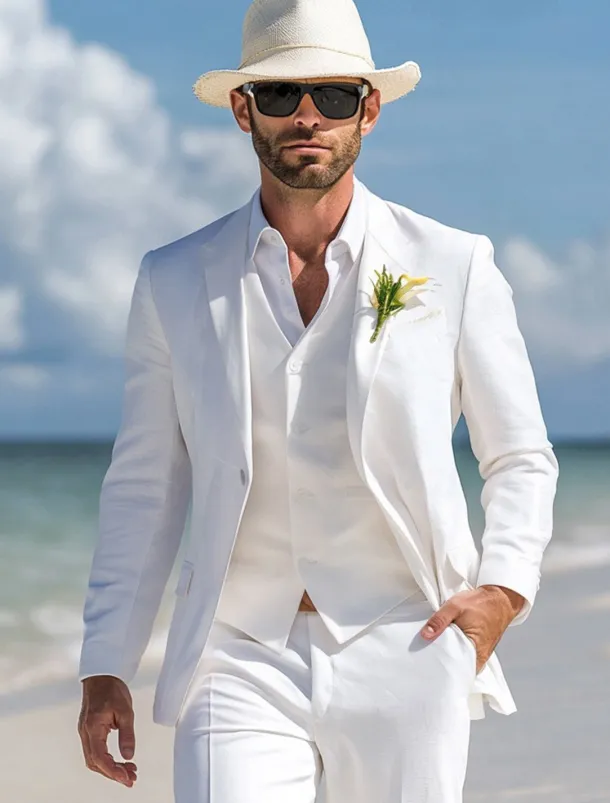 Men's Beach Wedding Fall Wedding Suits White Casual Formal Solid Colored Standard Fit 3 Piece Single Breasted One-button