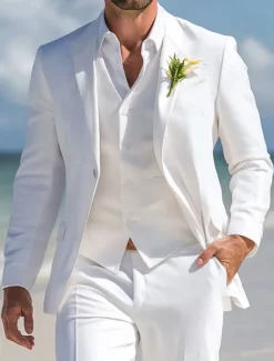 Men's Beach Wedding Fall Wedding Suits White Casual Formal Solid Colored Standard Fit 3 Piece Single Breasted One-button
