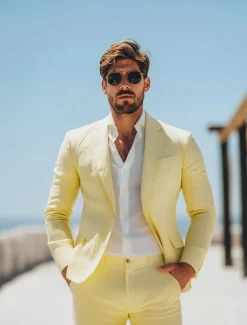Men's Beach Wedding Linen Suits Pink Sky Blue Solid Colored Standard Fit 2 Piece Single Breasted One-button