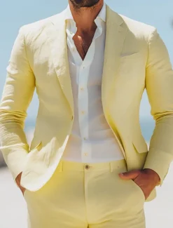 Men's Beach Wedding Linen Suits Pink Sky Blue Solid Colored Standard Fit 2 Piece Single Breasted One-button