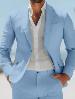 Men's Beach Wedding Linen Suits Pink Sky Blue Solid Colored Standard Fit 2 Piece Single Breasted One-button