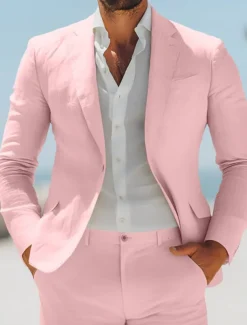 Men's Beach Wedding Linen Suits Pink Sky Blue Solid Colored Standard Fit 2 Piece Single Breasted One-button