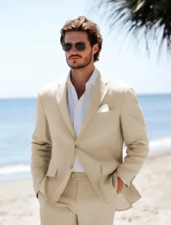 Men's Beach Wedding Linen Suits Khaki Lightweight Casual Solid Colored Standard Fit 2 Piece Single Breasted Two-buttons
