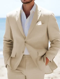 Men's Beach Wedding Linen Suits Khaki Lightweight Casual Solid Colored Standard Fit 2 Piece Single Breasted Two-buttons