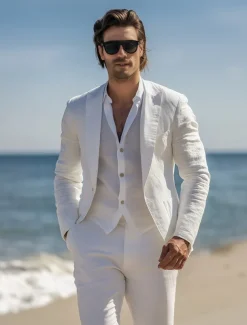 Men's Beach Wedding Linen Suits White Beige Lightweight Casual Solid Colored Standard Fit 2 Piece Single Breasted One-button