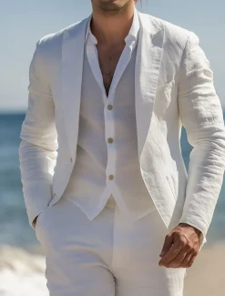 Men's Beach Wedding Linen Suits White Beige Lightweight Casual Solid Colored Standard Fit 2 Piece Single Breasted One-button