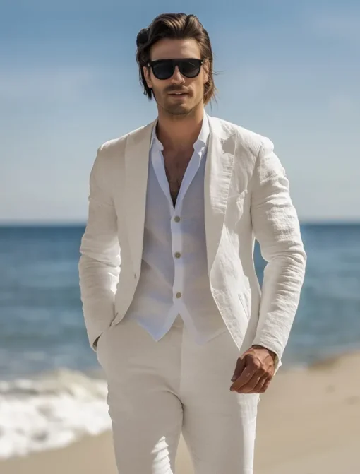 Men's Beach Wedding Linen Suits White Beige Lightweight Casual Solid Colored Standard Fit 2 Piece Single Breasted One-button