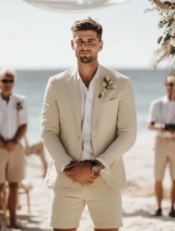 Men's Beach Wedding Linen Suits Notch Lapel Sky Blue Khaki Fashion Daily Solid Colored Standard Fit 2 Piece Single Breasted Two-buttons