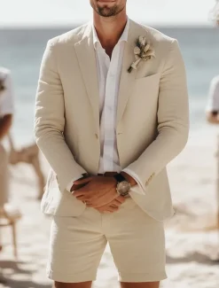 Men's Beach Wedding Linen Suits Notch Lapel Sky Blue Khaki Fashion Daily Solid Colored Standard Fit 2 Piece Single Breasted Two-buttons