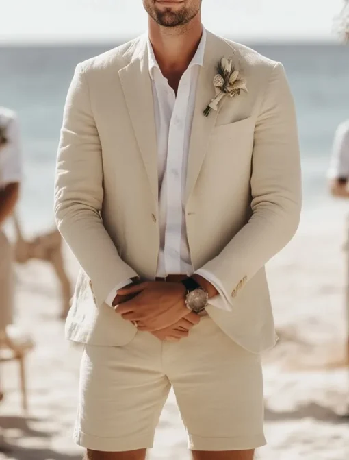 Men's Beach Wedding Linen Suits Notch Lapel Sky Blue Khaki Fashion Daily Solid Colored Standard Fit 2 Piece Single Breasted Two-buttons