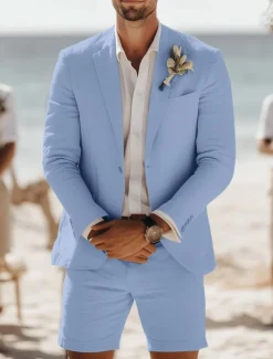 Men's Beach Wedding Linen Suits Notch Lapel Sky Blue Khaki Fashion Daily Solid Colored Standard Fit 2 Piece Single Breasted Two-buttons