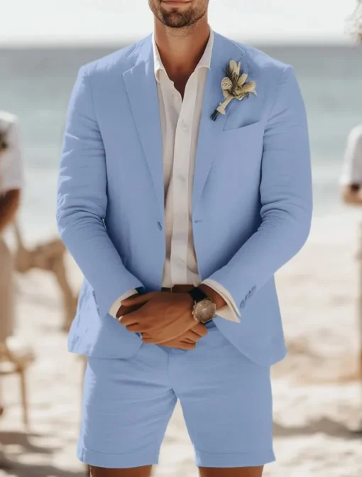 Men's Beach Wedding Linen Suits Notch Lapel Sky Blue Khaki Fashion Daily Solid Colored Standard Fit 2 Piece Single Breasted Two-buttons