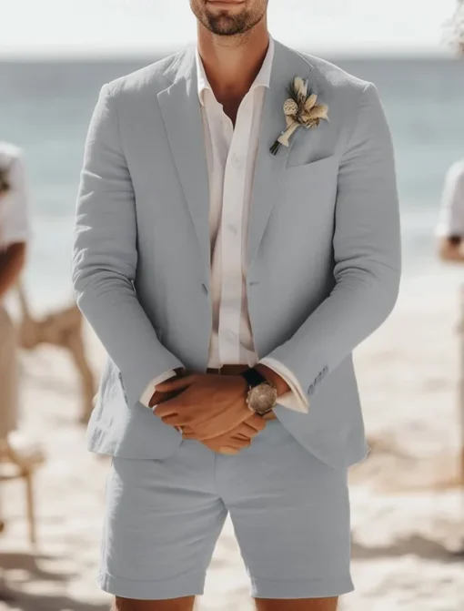Men's Beach Wedding Linen Suits Notch Lapel Sky Blue Khaki Fashion Daily Solid Colored Standard Fit 2 Piece Single Breasted Two-buttons