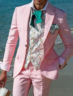 Men's Beach Wedding Linen Suits Notch Lapel Pink Sky Blue Casual Street Style Solid Colored Standard Fit 2 Piece Single Breasted One-button