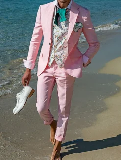 Men's Beach Wedding Linen Suits Notch Lapel Pink Sky Blue Casual Street Style Solid Colored Standard Fit 2 Piece Single Breasted One-button