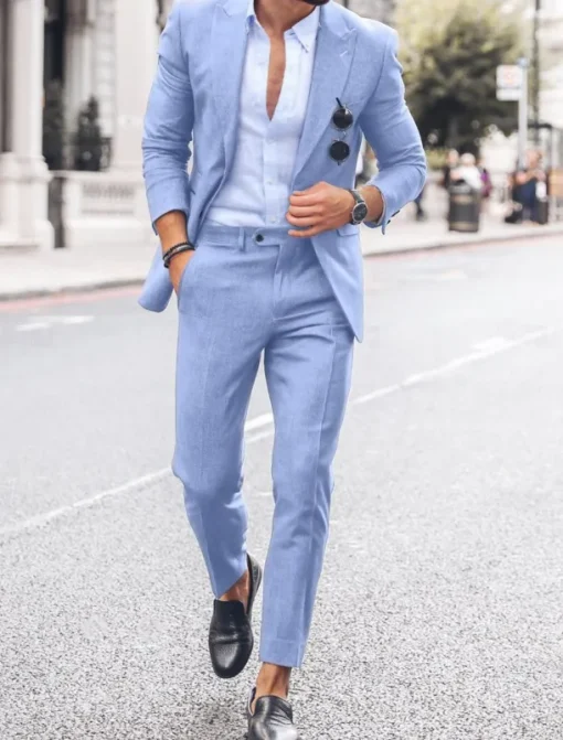 Men's Beach Wedding Linen Suits Peak Sky Blue Dark Blue Fashion Casual Solid Colored Tailored Fit 2 Piece Single Breasted One-button