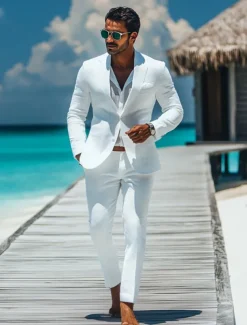 Men's Beach Wedding Linen Suits Notch Lapel White Solid Colored Standard Fit 2 Piece Single Breasted Two-buttons