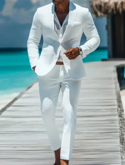 Men's Beach Wedding Linen Suits Notch Lapel White Solid Colored Standard Fit 2 Piece Single Breasted Two-buttons