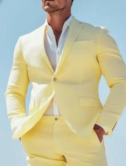 Men's Beach Wedding Linen Suits Daffodil Fashion Casual Solid Colored Standard Fit 2 Piece Single Breasted One-button